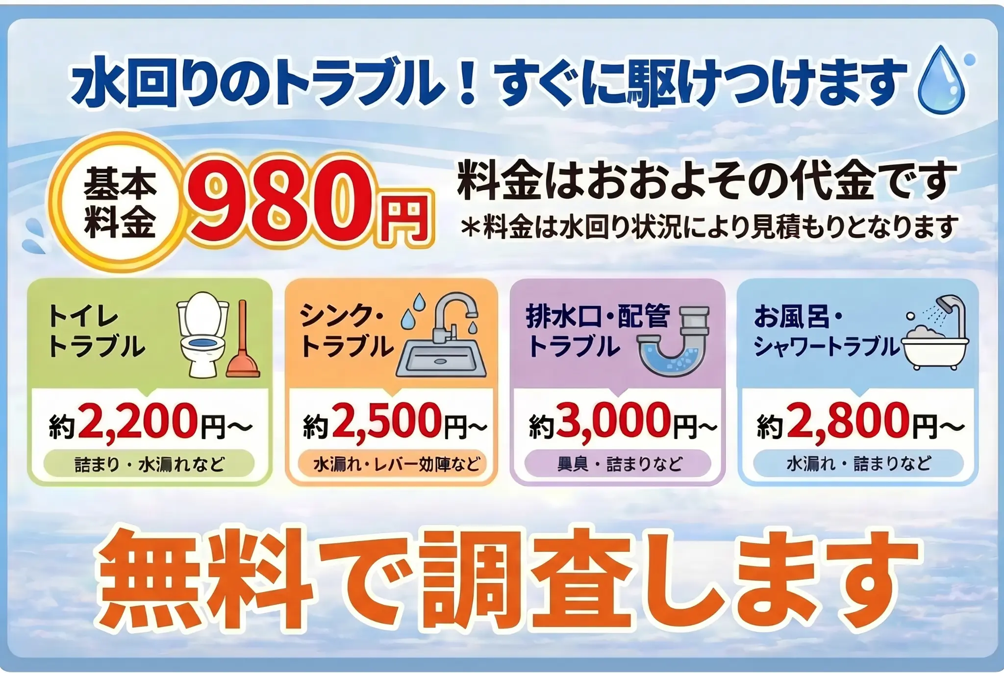 水回りのトラブル 基本料金980円